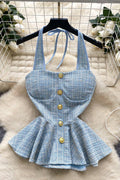 Buttoned Peplum Halter Top