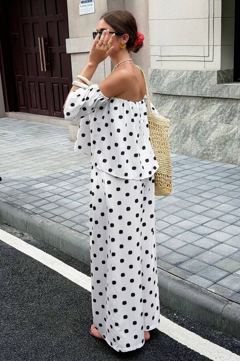 NINEXIS - CWSTB01204_CASUAL POLKA DOT OFF-SHOULDER TOP AND PANTS SET
