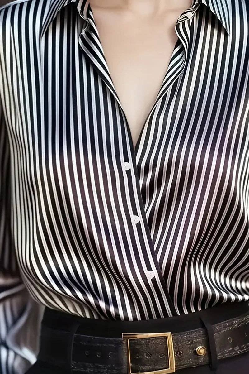 Striped Long Sleeve Button-Up Blouse