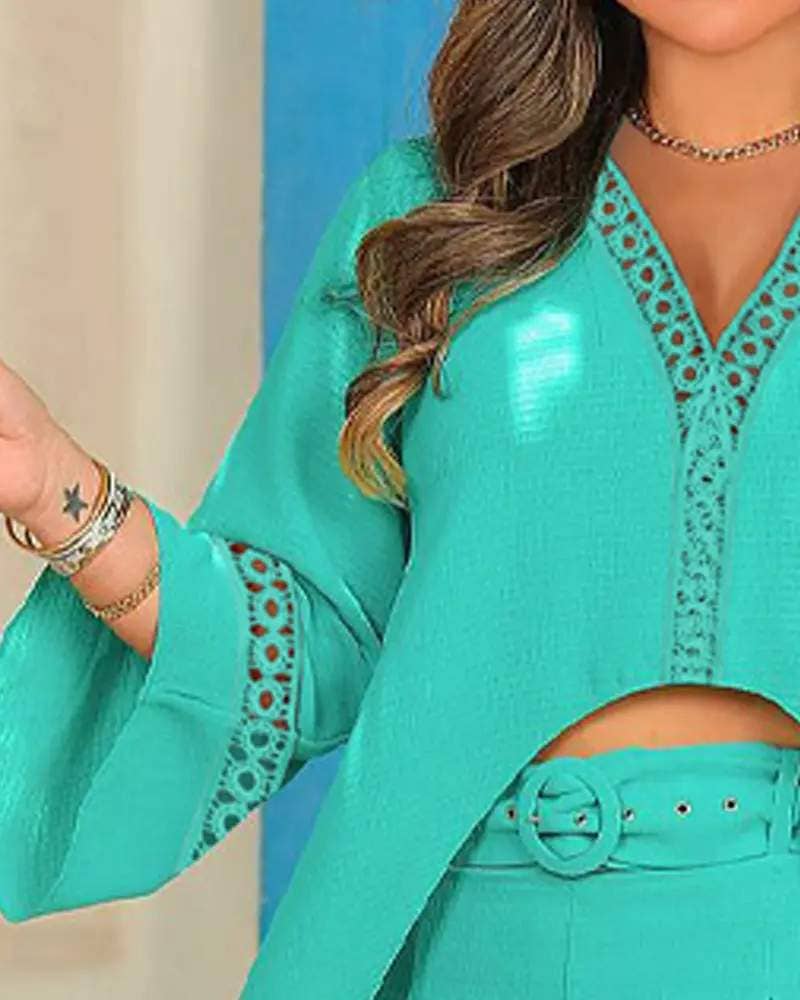 Flarix - Contrast lace high low hem top belted shorts set