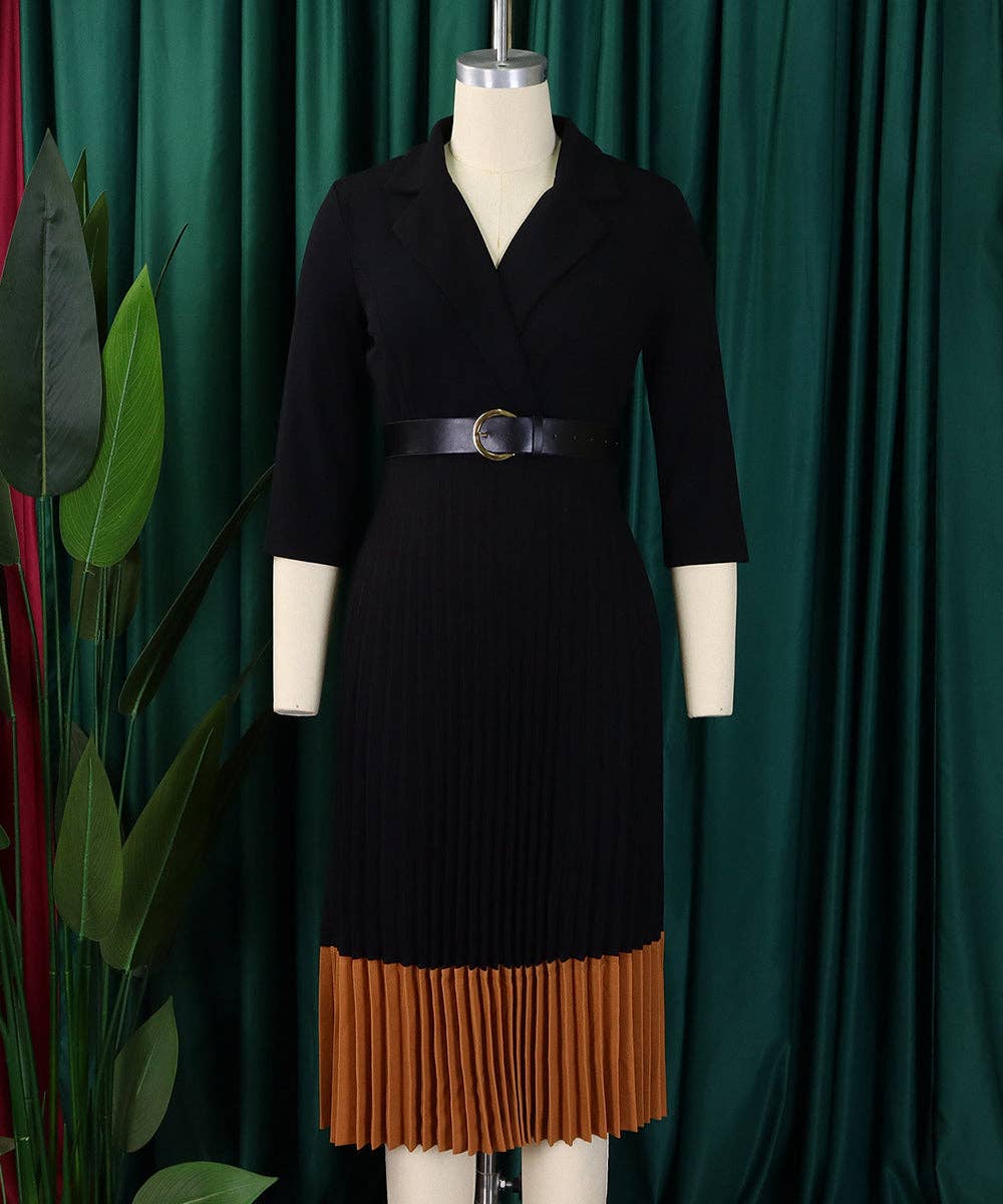 Tailored Collar Belted Pleated Dress