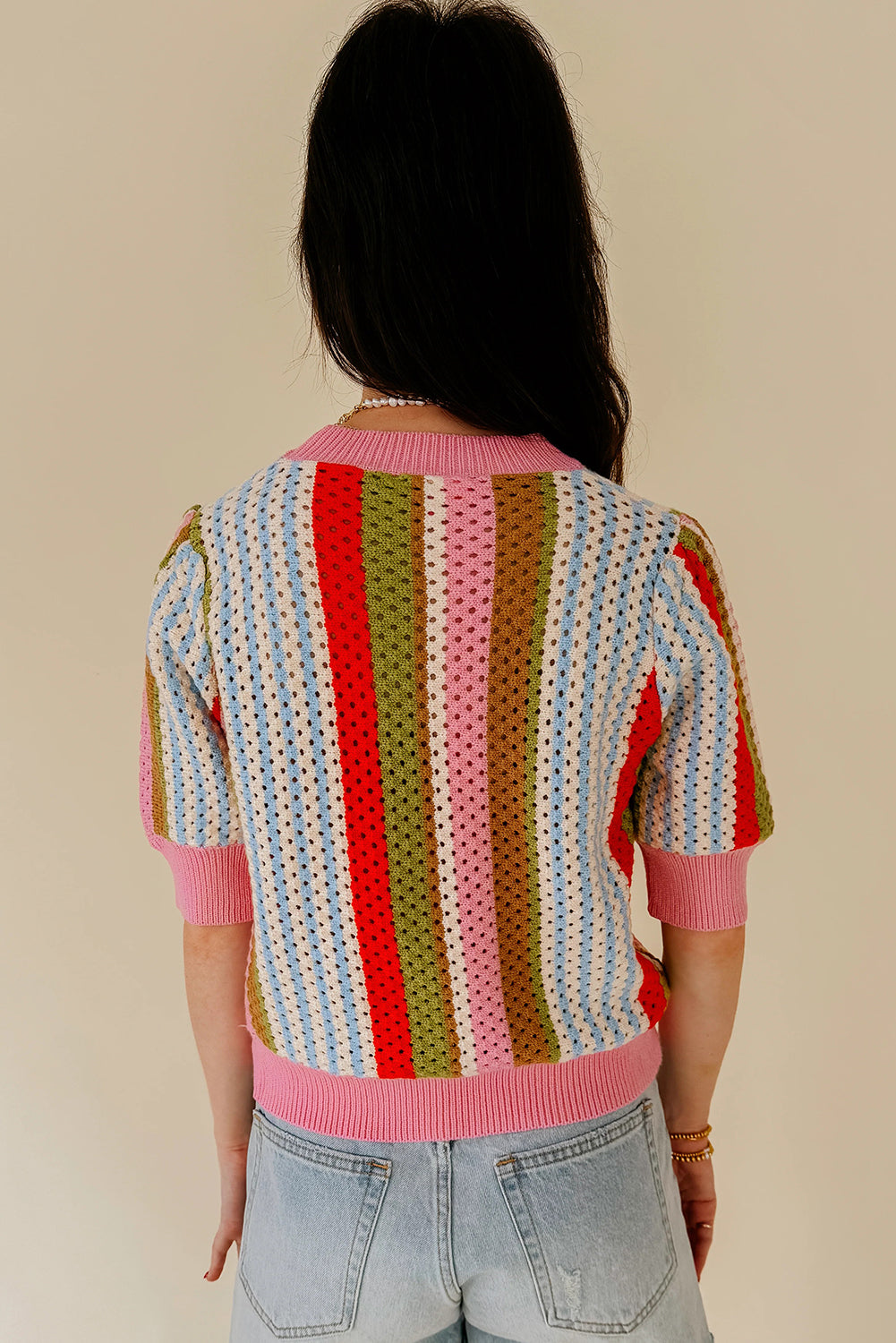 Multicolor Striped Pointelle Knit Short Sleeve Sweater