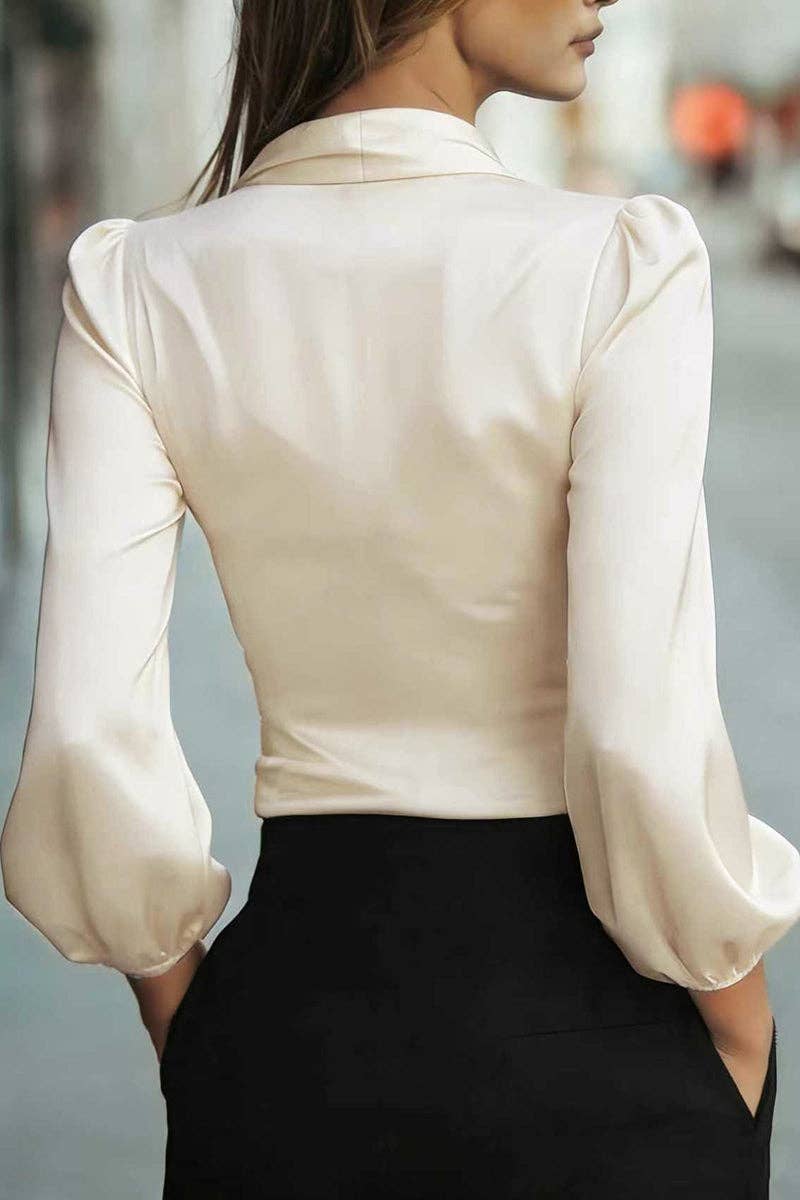 Sleek Wrap Blouse with Puff Sleeves