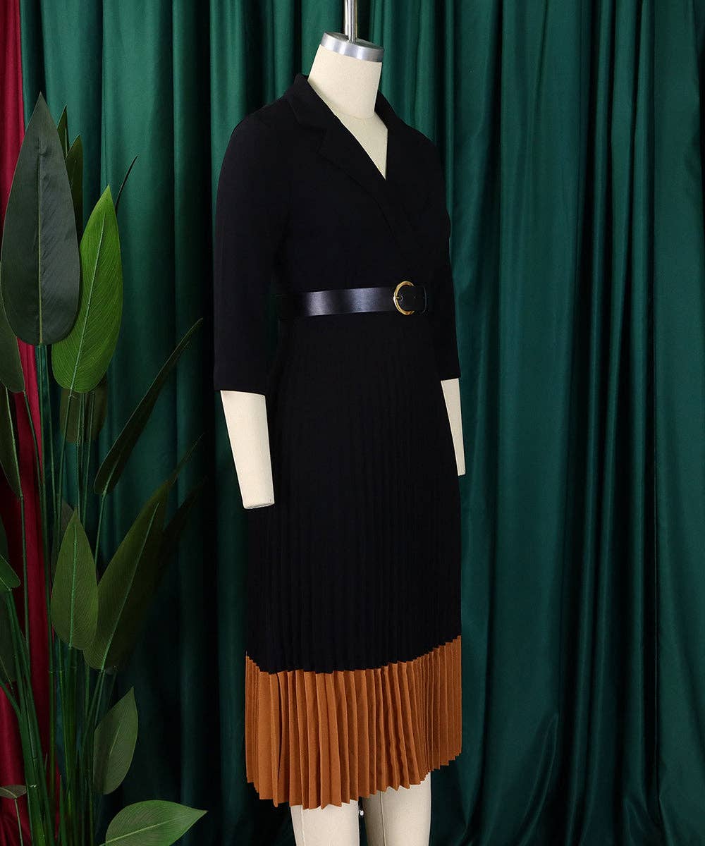 Tailored Collar Belted Pleated Dress