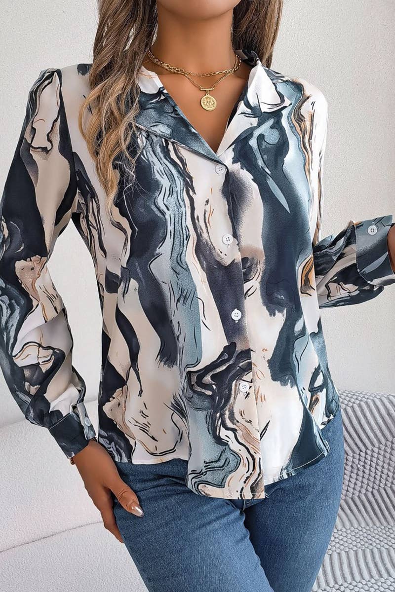Artistic Marble Button-Down Blouse