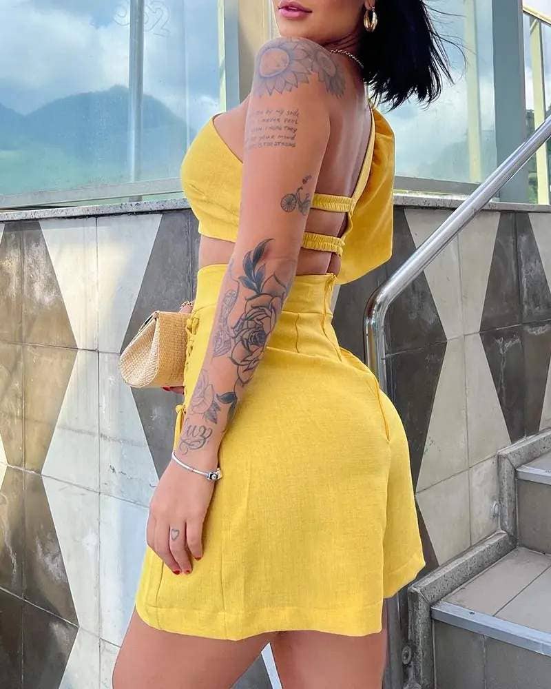 Flarix - Cutout one shoulder crop top lace up shorts set