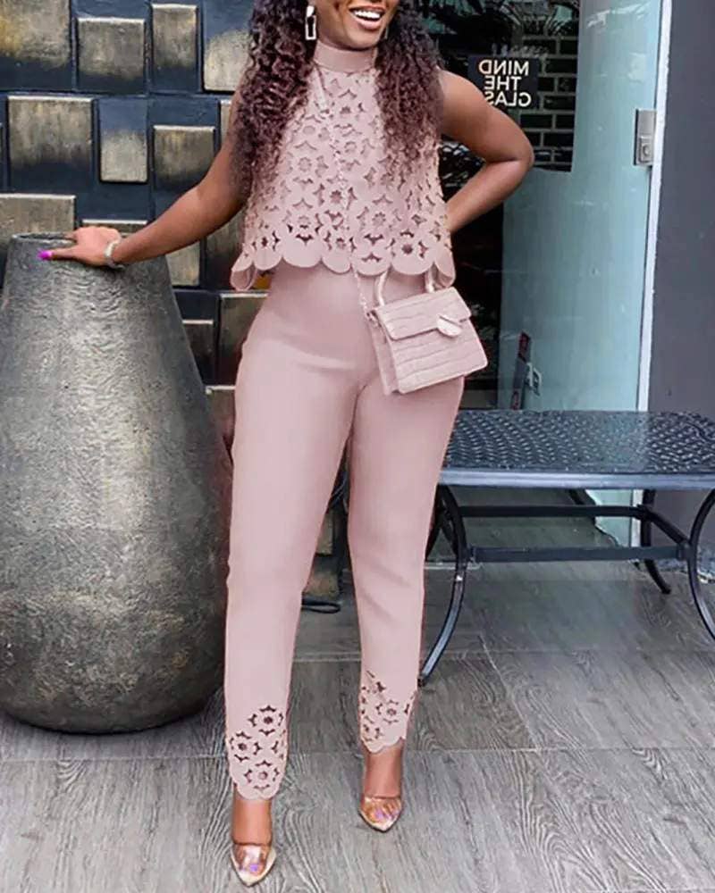 Flarix - Hollow out sleeveless casual top pants set