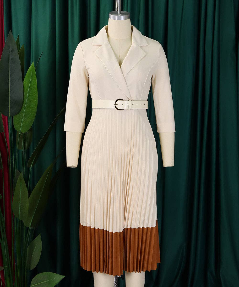 Tailored Collar Belted Pleated Dress