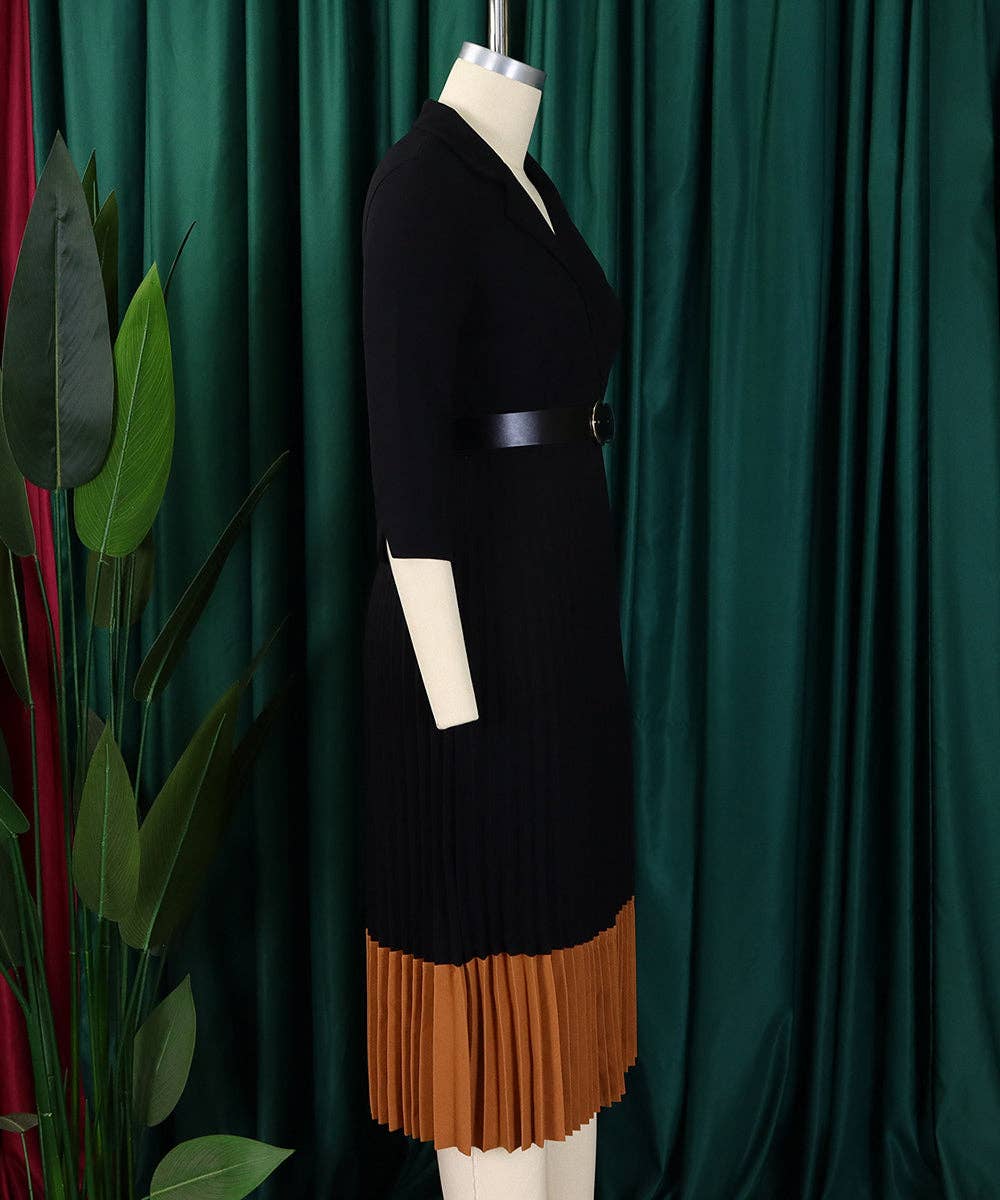 Tailored Collar Belted Pleated Dress