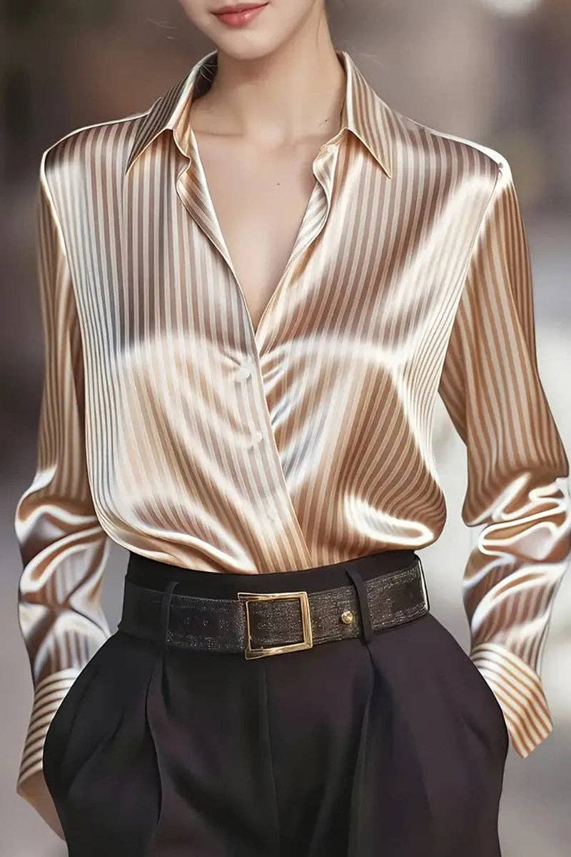 Striped Long Sleeve Button-Up Blouse