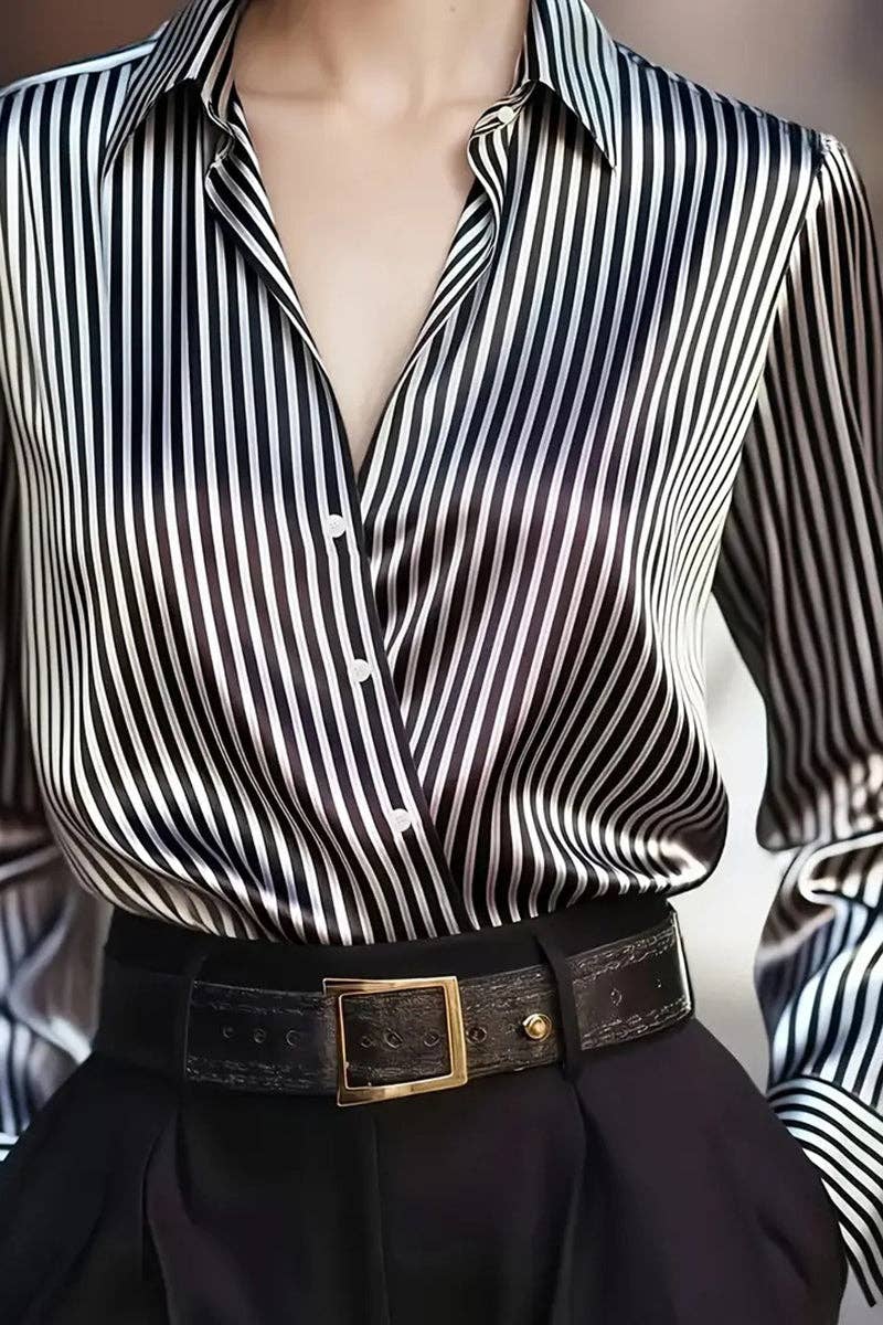 Striped Long Sleeve Button-Up Blouse