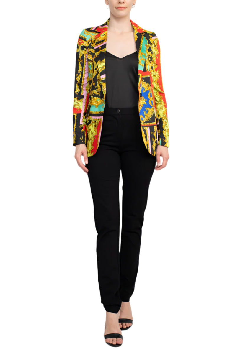 Industry Notched Collar One Button Closure Long Sleeve Multi Print Blazer