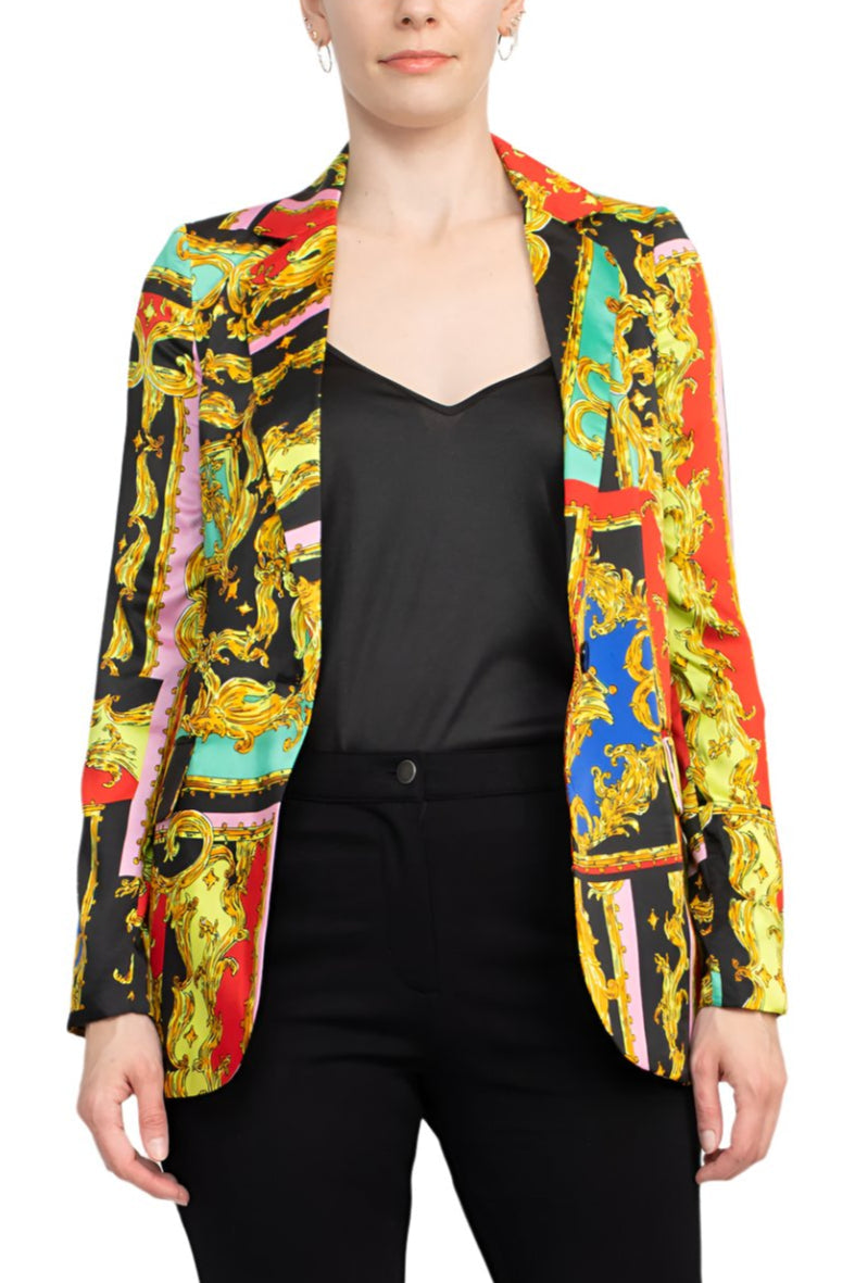 Industry Notched Collar One Button Closure Long Sleeve Multi Print Blazer