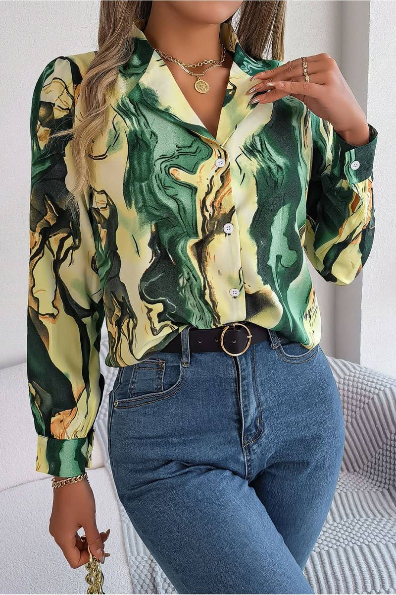 Artistic Marble Button-Down Blouse