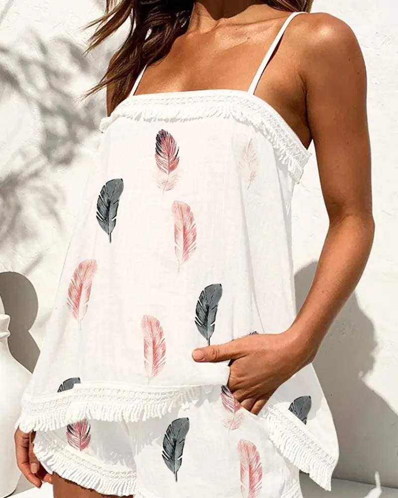 Flarix - Feather print tassel trim cami top shorts set