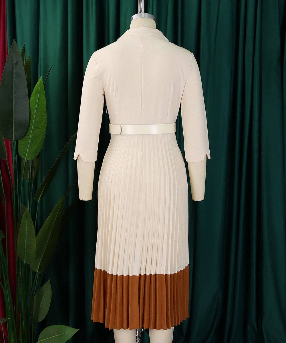 Tailored Collar Belted Pleated Dress