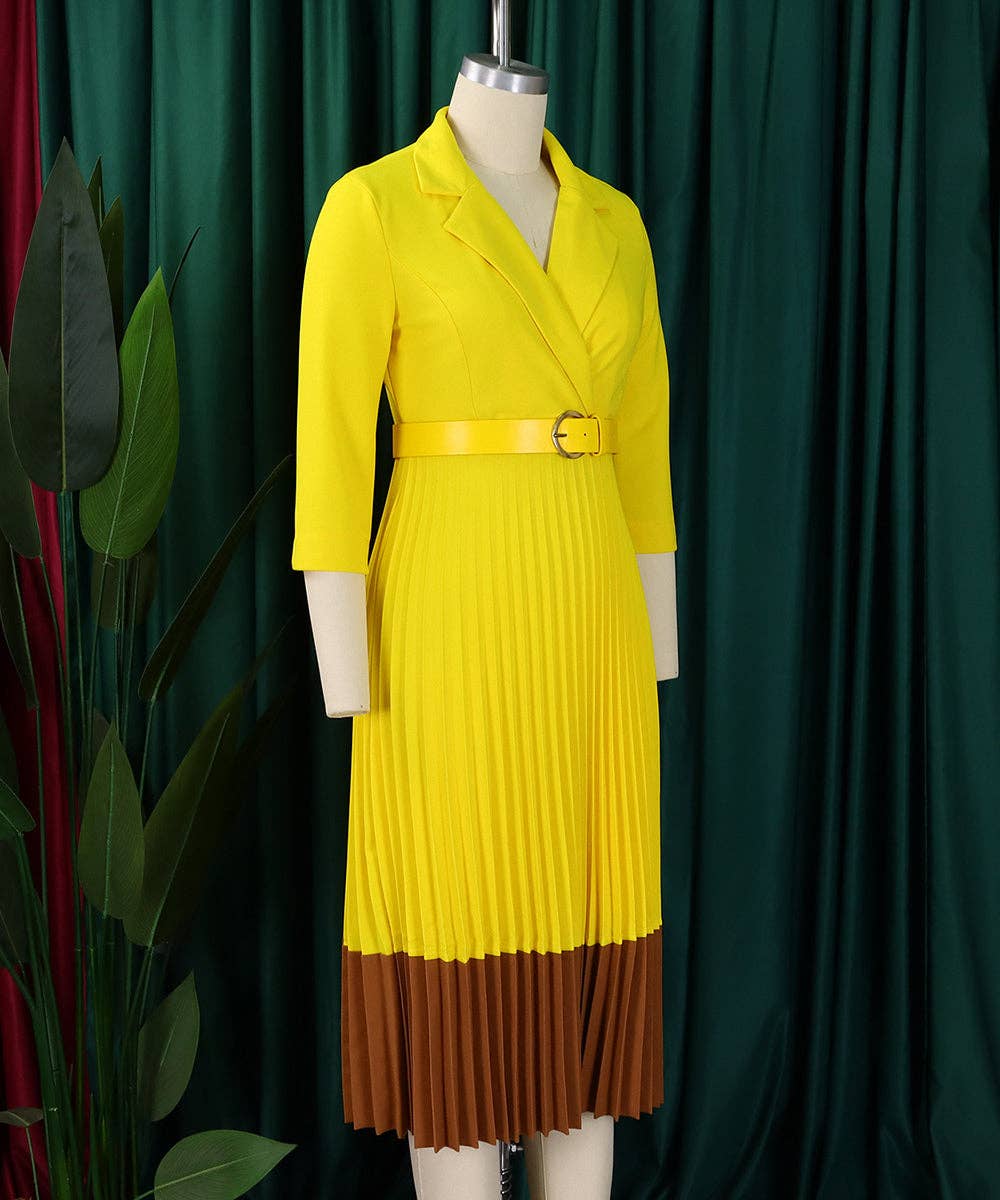 Tailored Collar Belted Pleated Dress