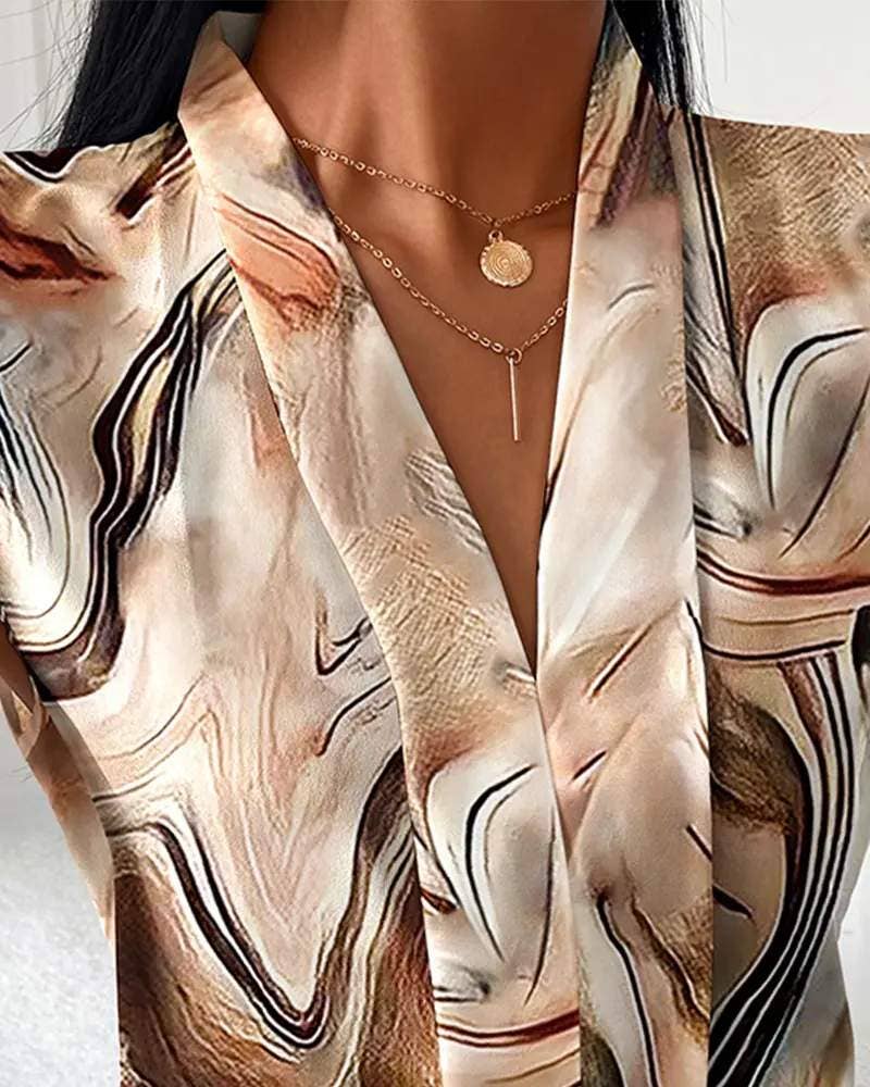 Flarix - Marble print v neck casual satin top