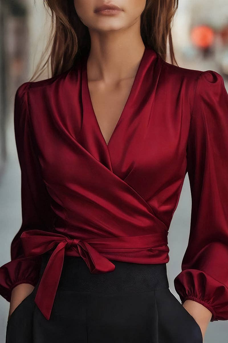 Sleek Wrap Blouse with Puff Sleeves