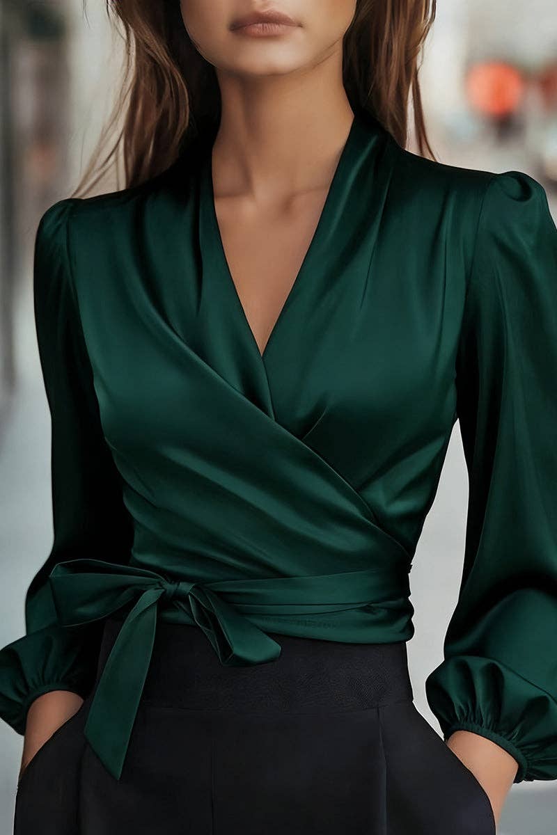 Sleek Wrap Blouse with Puff Sleeves