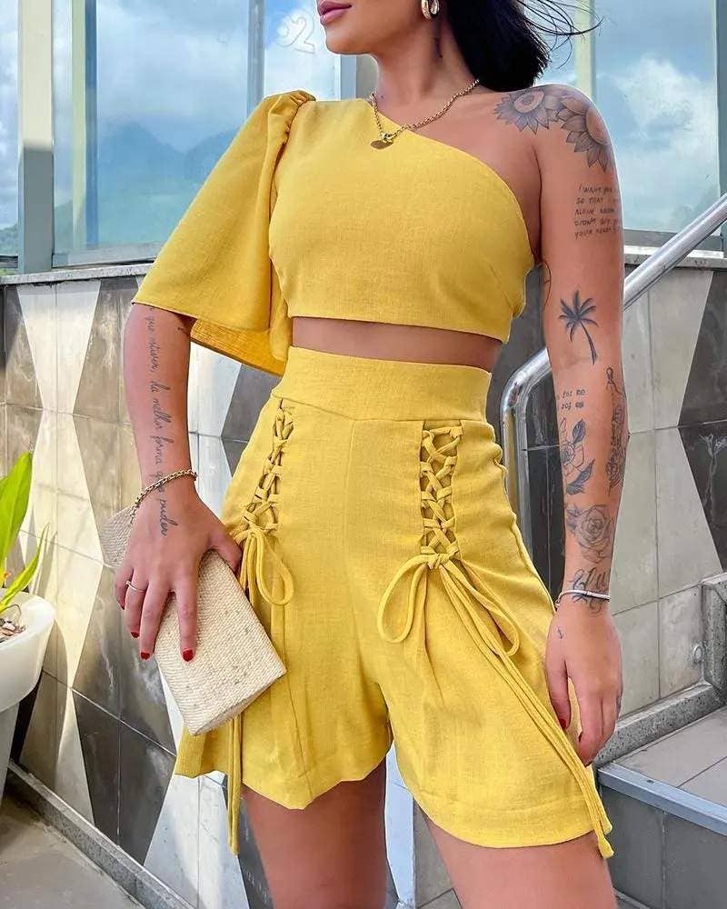 Flarix - Cutout one shoulder crop top lace up shorts set