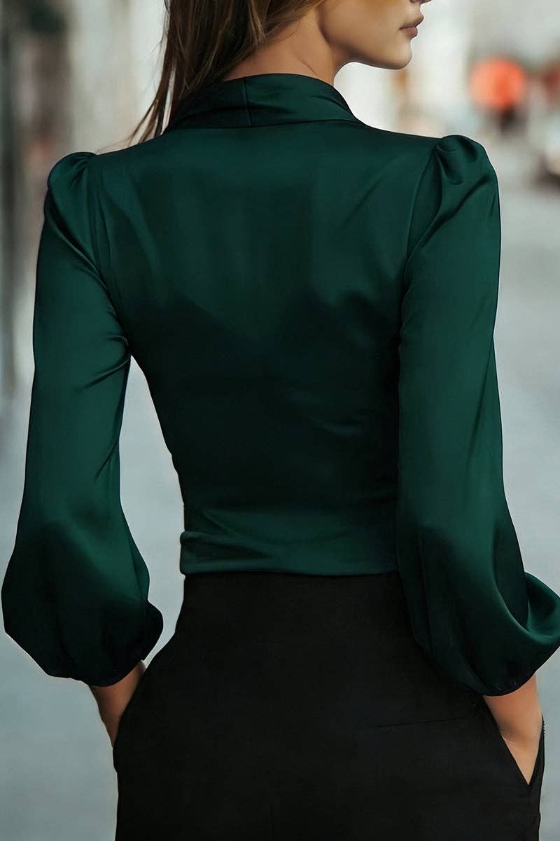 Sleek Wrap Blouse with Puff Sleeves