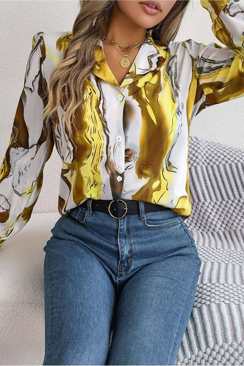 Artistic Marble Button-Down Blouse