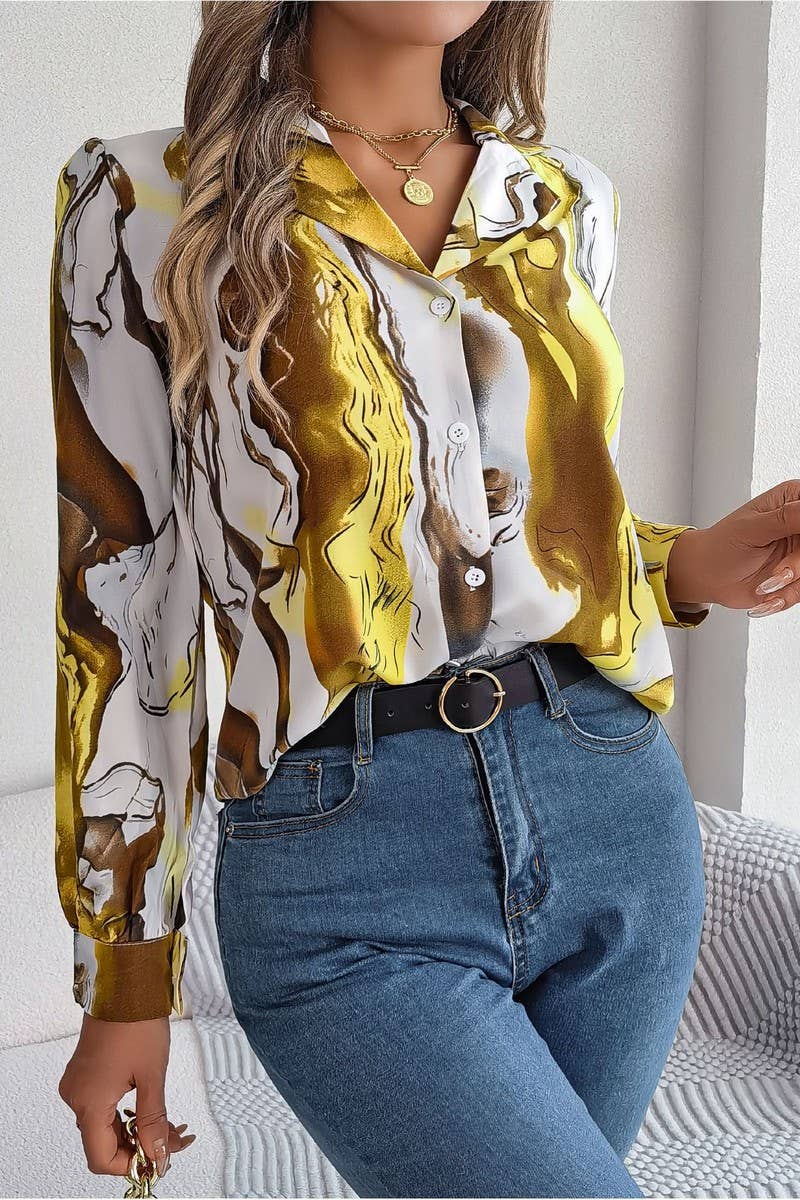 Artistic Marble Button-Down Blouse