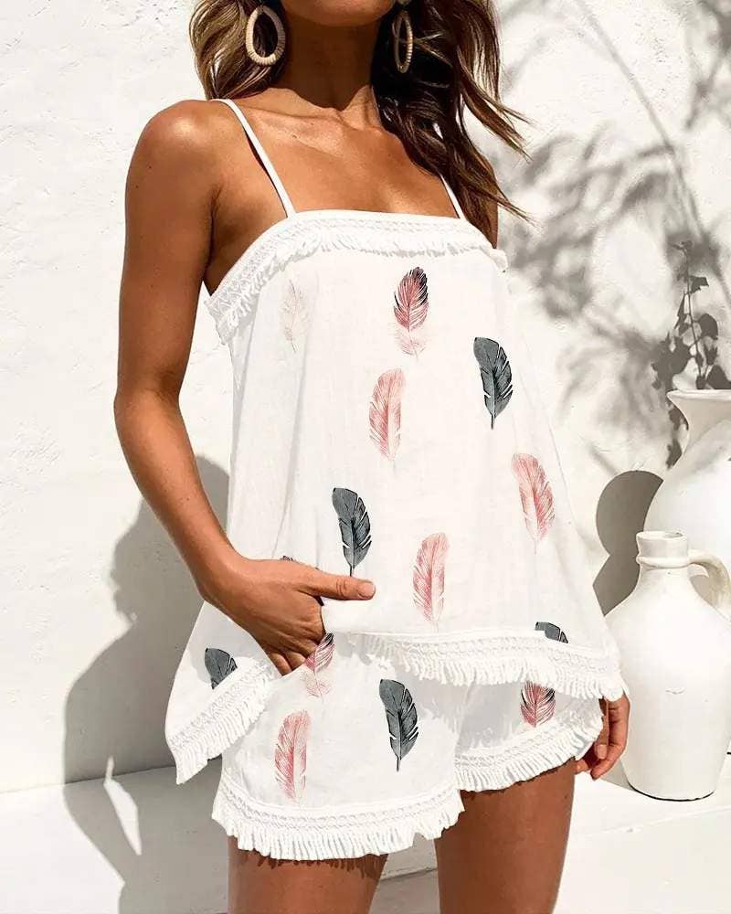 Flarix - Feather print tassel trim cami top shorts set