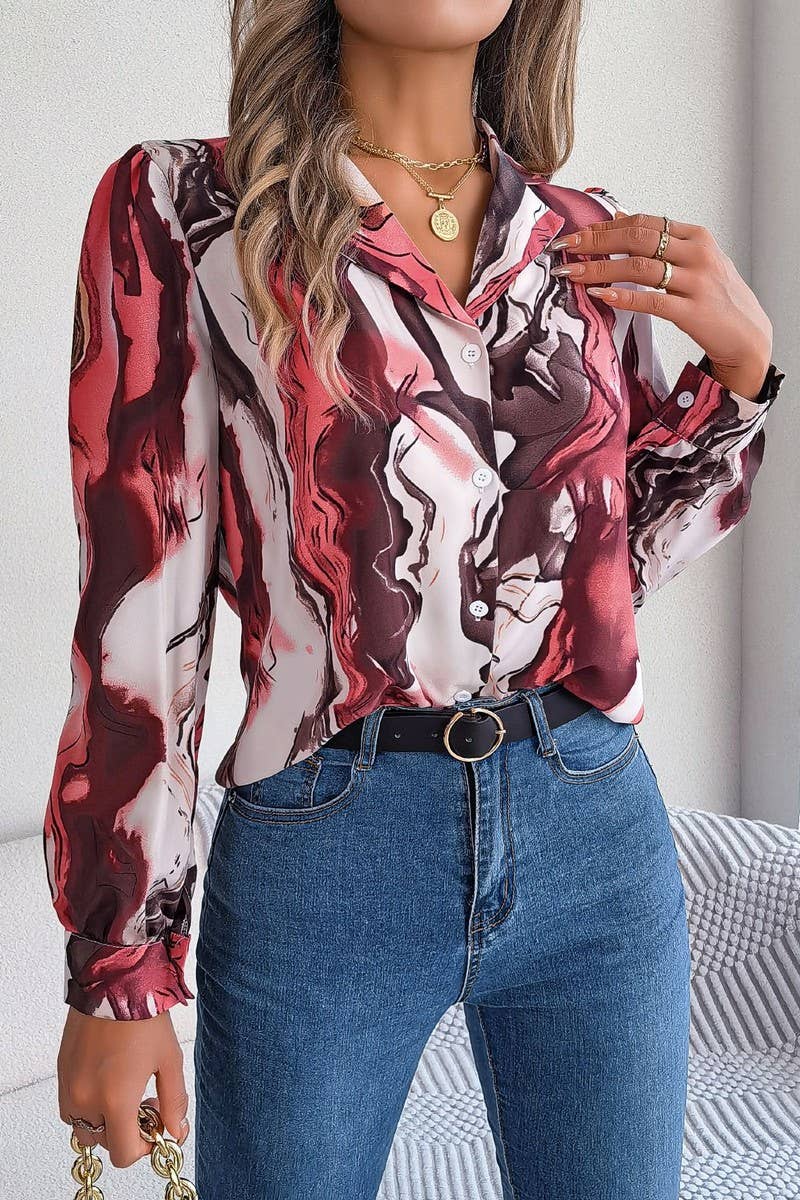 Artistic Marble Button-Down Blouse