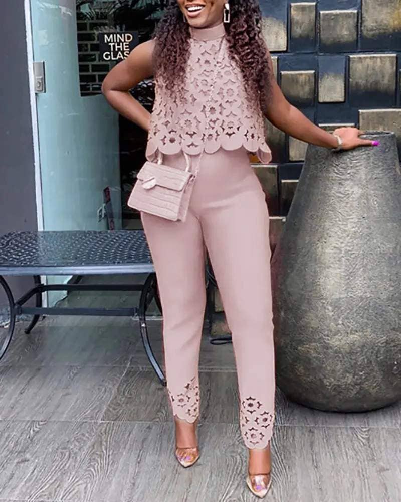Flarix - Hollow out sleeveless casual top pants set