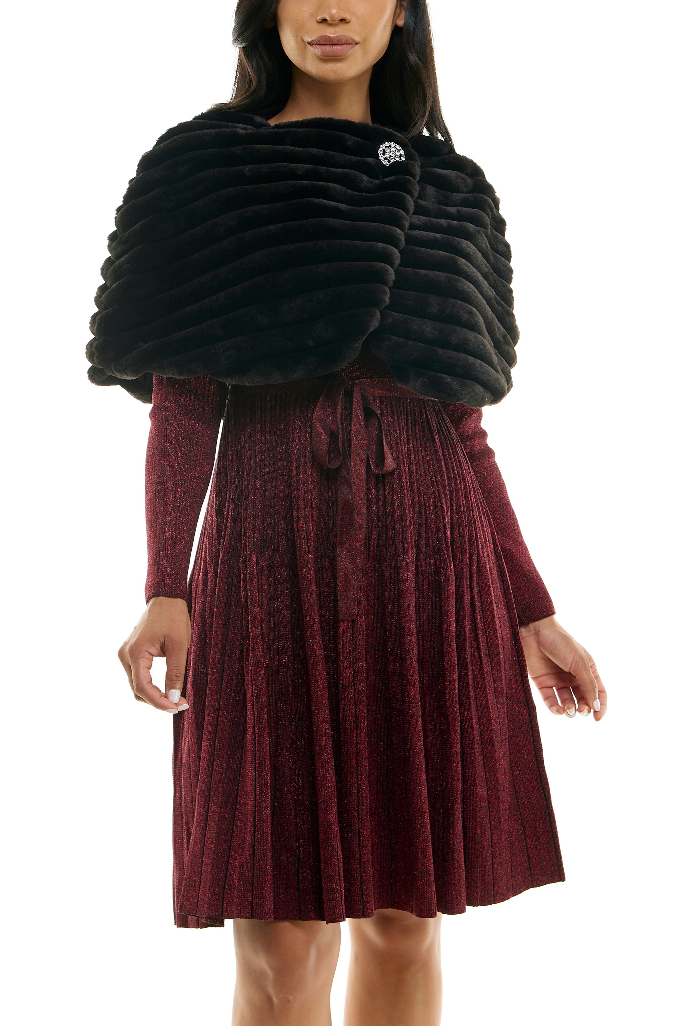 Nina Leonard Wrap Over Faux Fur Capelet and Crystal Closure