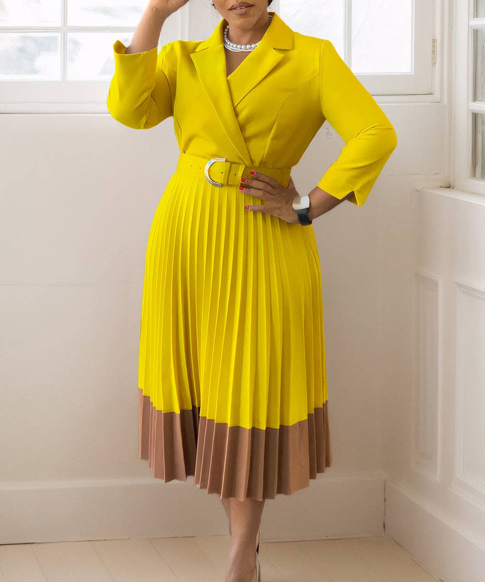 Tailored Collar Belted Pleated Dress