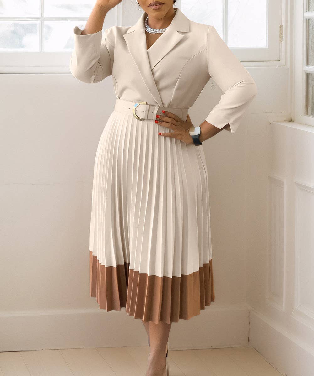 Tailored Collar Belted Pleated Dress