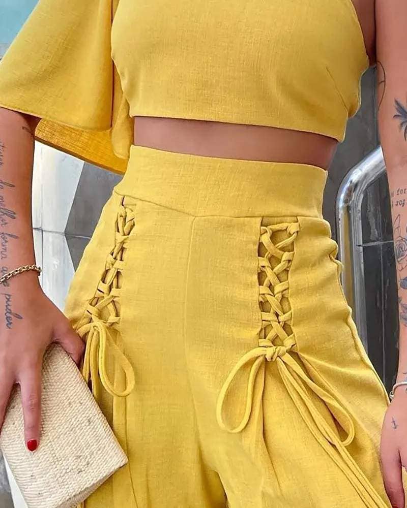 Flarix - Cutout one shoulder crop top lace up shorts set