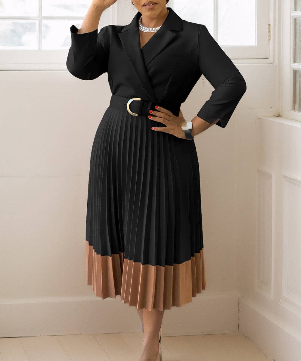 Tailored Collar Belted Pleated Dress