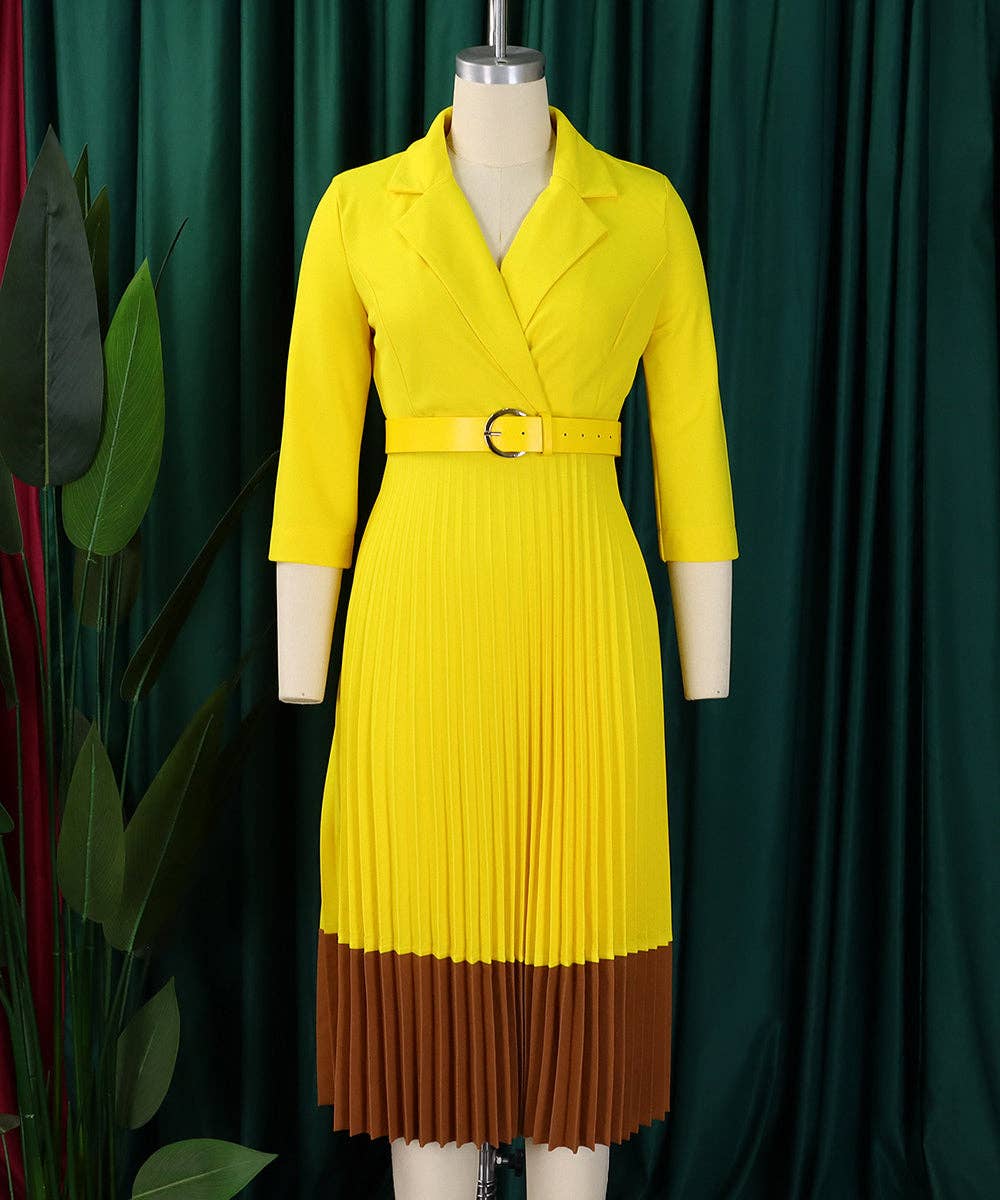 Tailored Collar Belted Pleated Dress