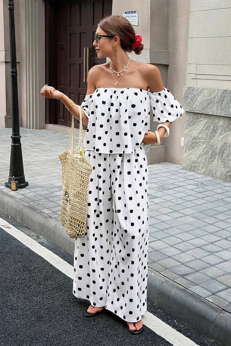 NINEXIS - CWSTB01204_CASUAL POLKA DOT OFF-SHOULDER TOP AND PANTS SET