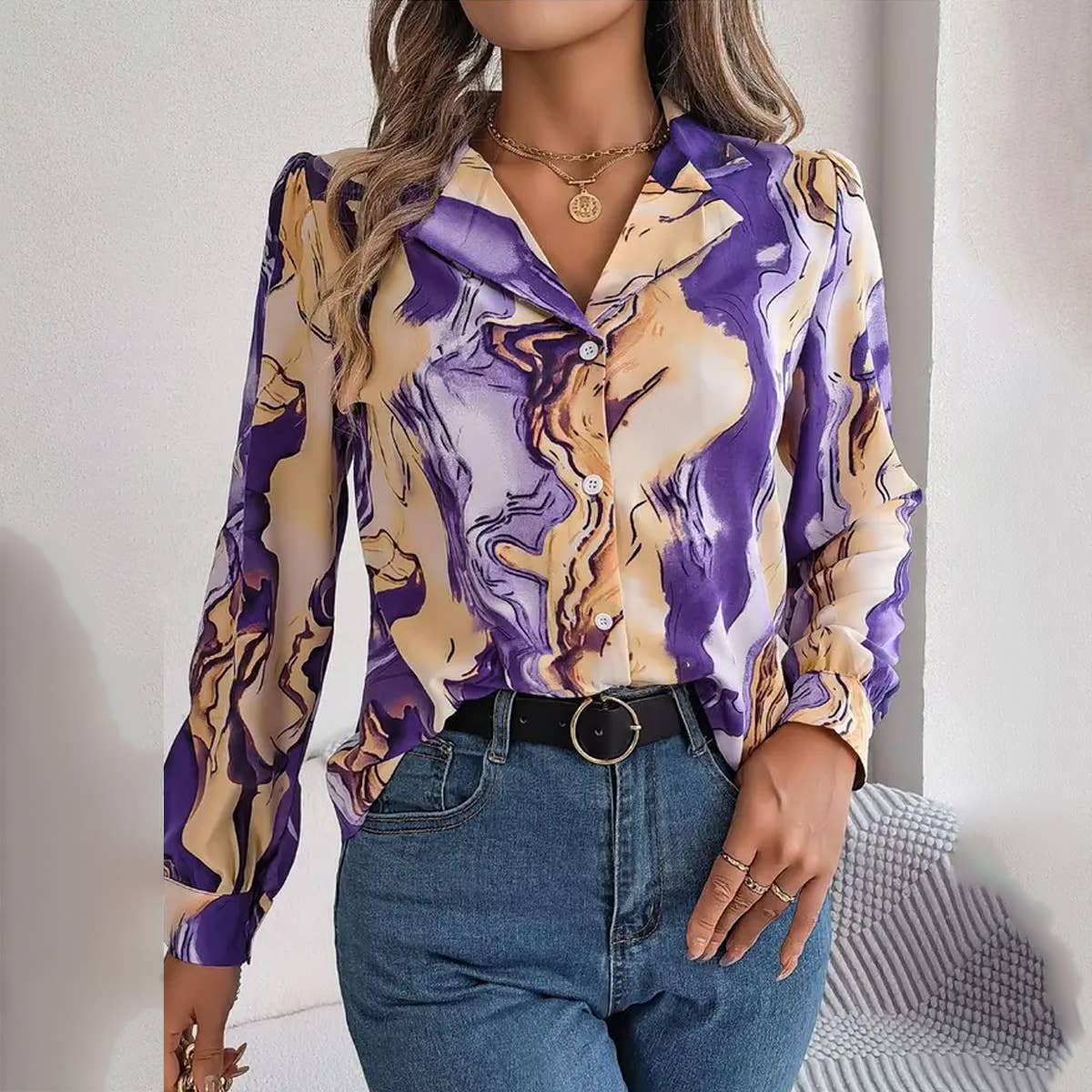 Artistic Marble Button-Down Blouse