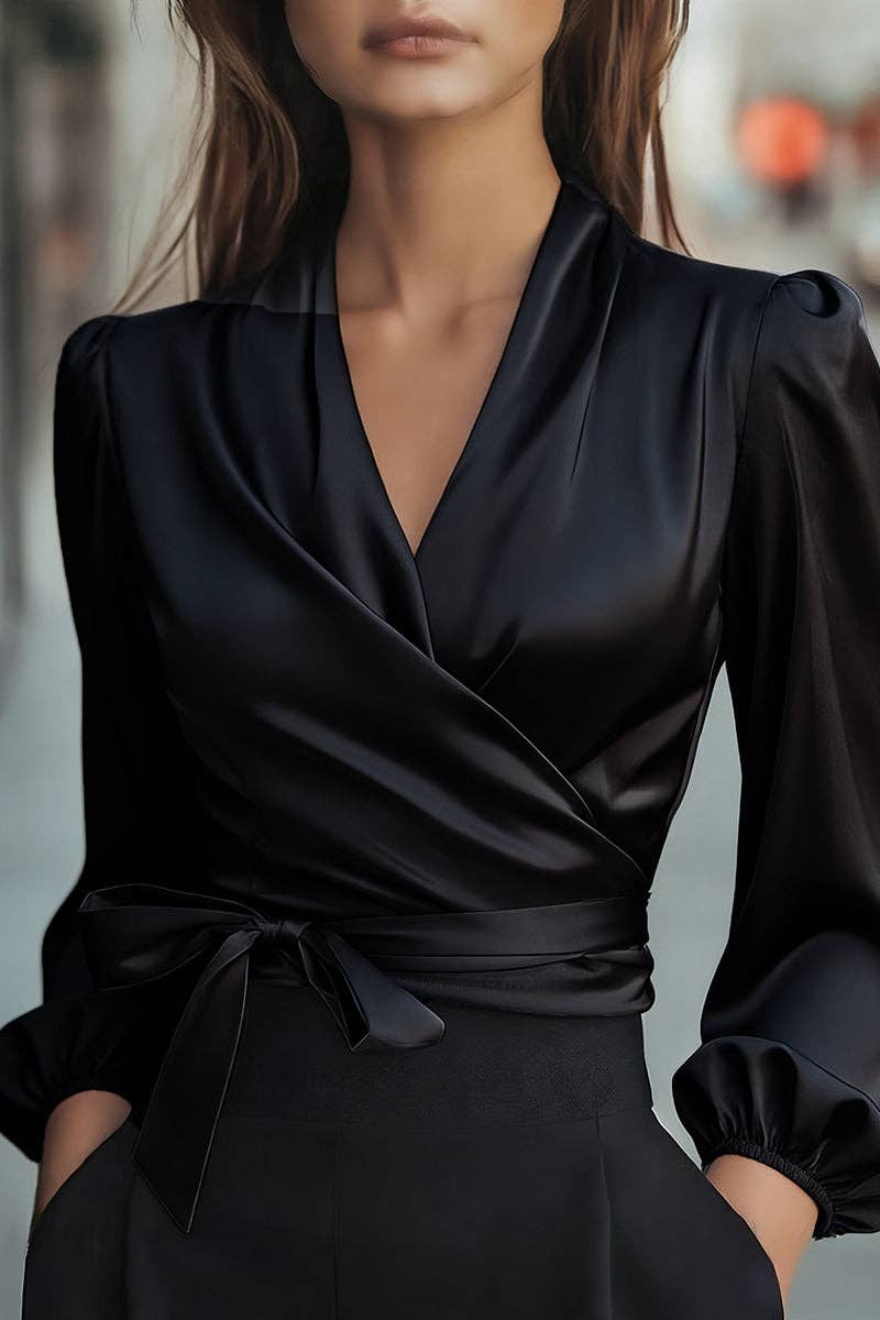 Sleek Wrap Blouse with Puff Sleeves