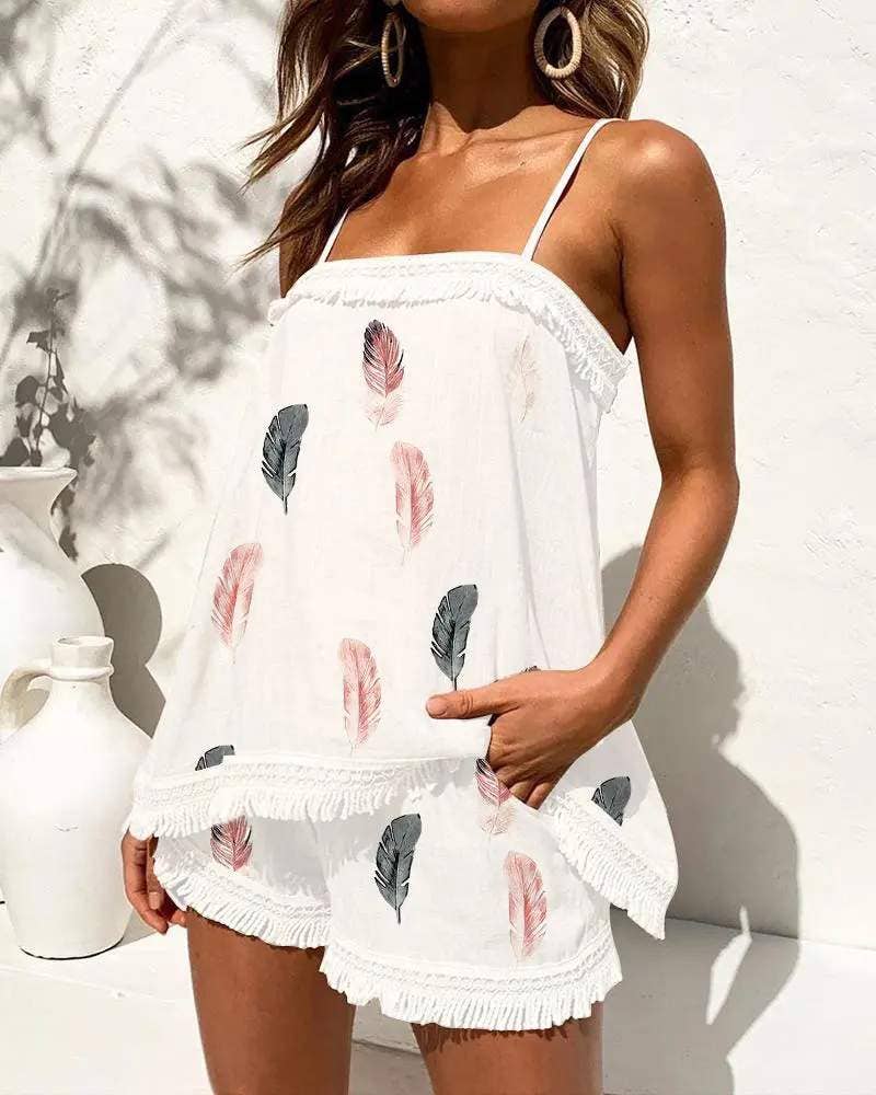 Flarix - Feather print tassel trim cami top shorts set