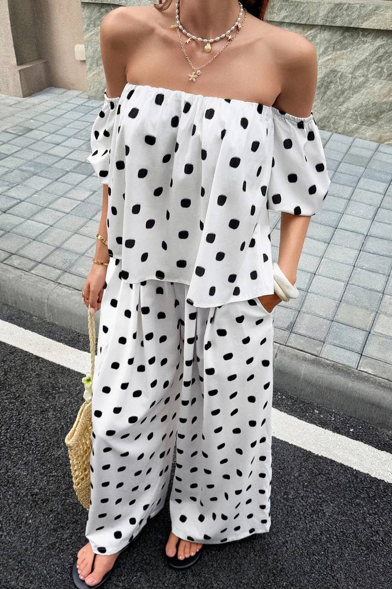 NINEXIS - CWSTB01204_CASUAL POLKA DOT OFF-SHOULDER TOP AND PANTS SET