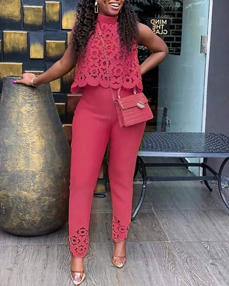 Flarix - Hollow out sleeveless casual top pants set