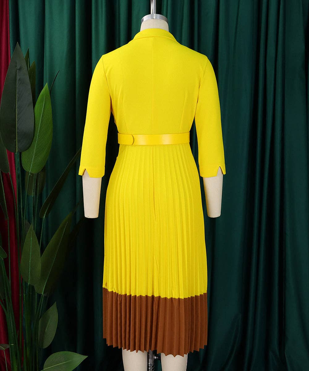 Tailored Collar Belted Pleated Dress