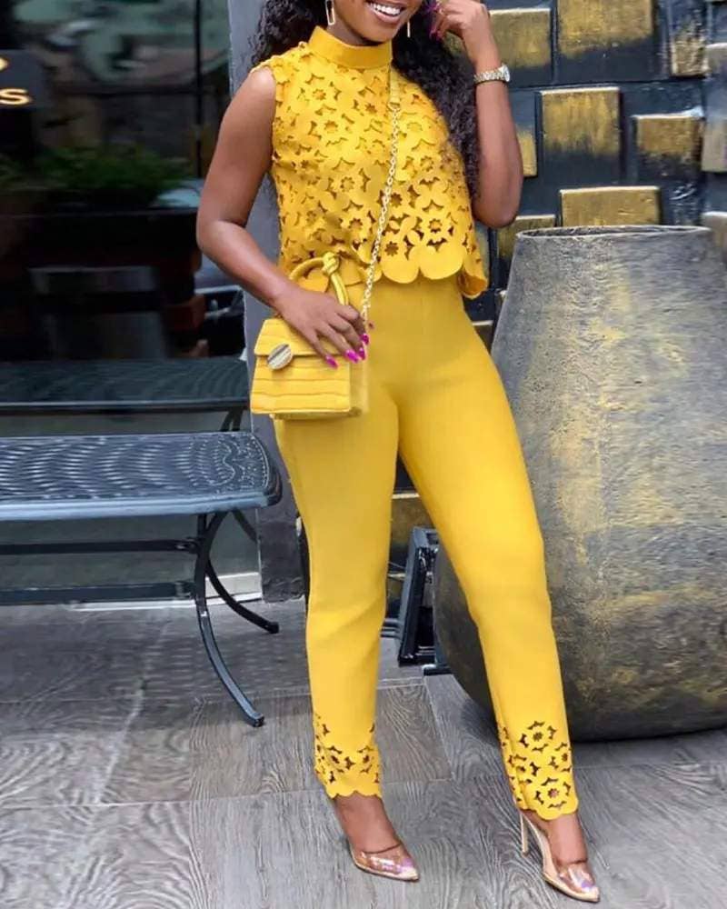 Flarix - Hollow out sleeveless casual top pants set