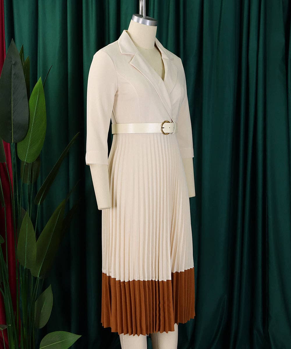 Tailored Collar Belted Pleated Dress