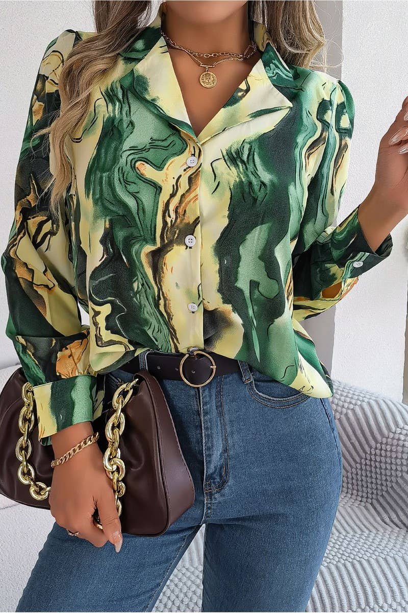 Artistic Marble Button-Down Blouse