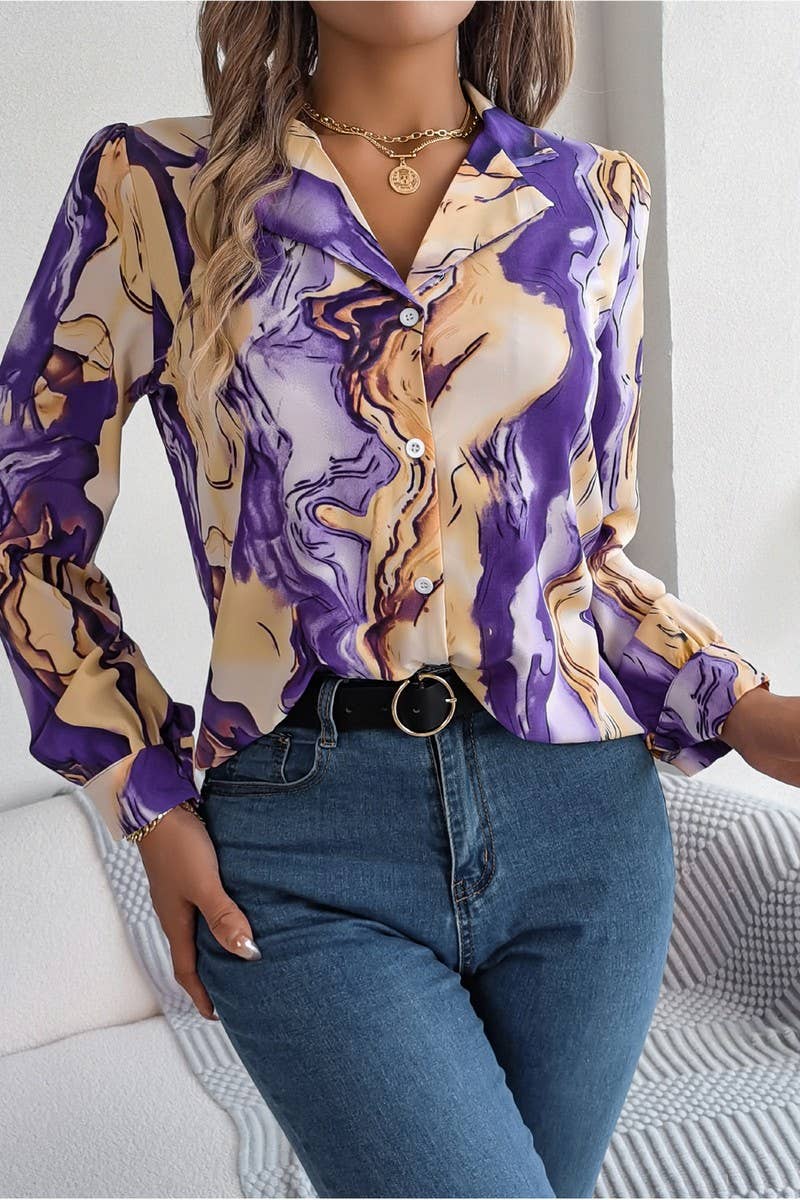 Artistic Marble Button-Down Blouse