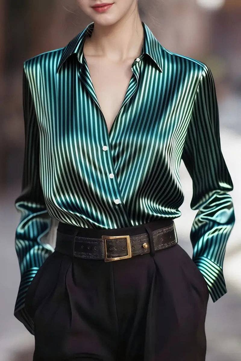 Striped Long Sleeve Button-Up Blouse