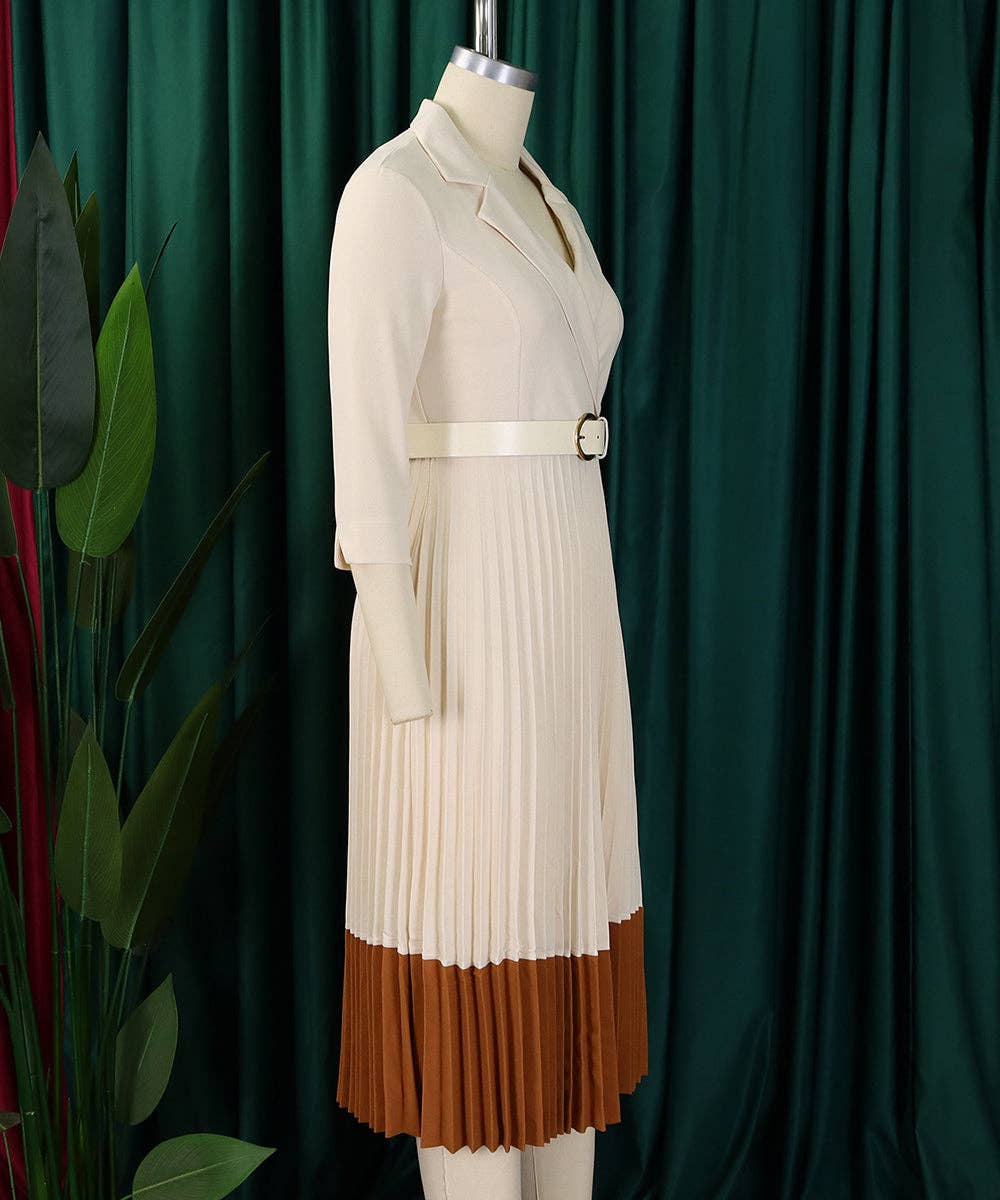 Tailored Collar Belted Pleated Dress